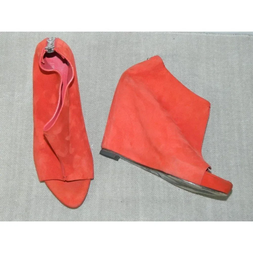 Jenni Kayne Booties Size 8 Orange Suede Cayenne Coral Open Toe‎ Zip Back Wedge